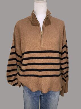 DKNY Striped Half‑Zip Knit Sweater High Collar Brown & Black Women Size M